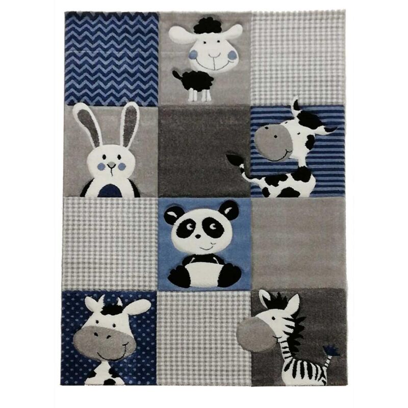 Tapis enfant tissé 60x110 bleu et gris rectangle motif animaux ZOO