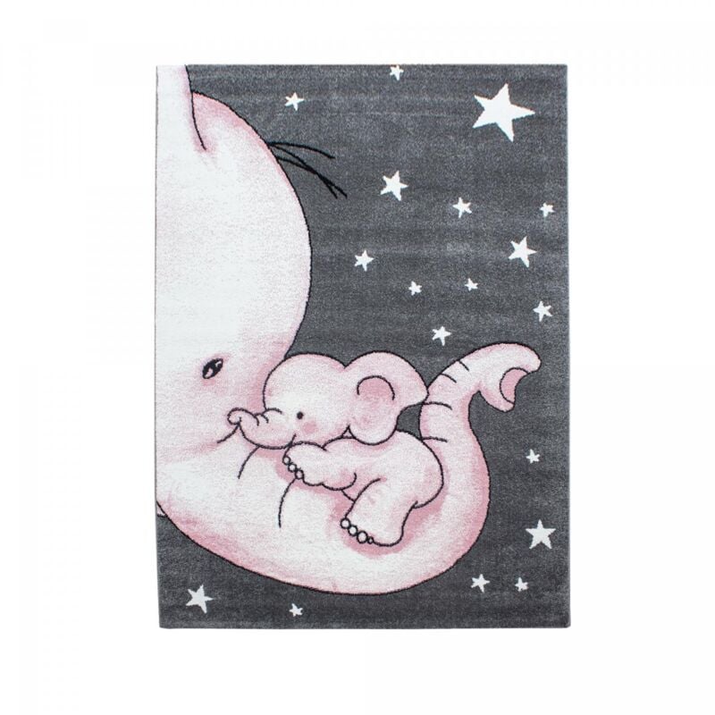 Jadorel - Tapis enfant tissé 80x150 rose et gris rectangle elephant