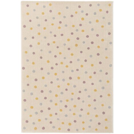 Tapis enfant à pois. crème. bleu. jaune et violet. poils ras