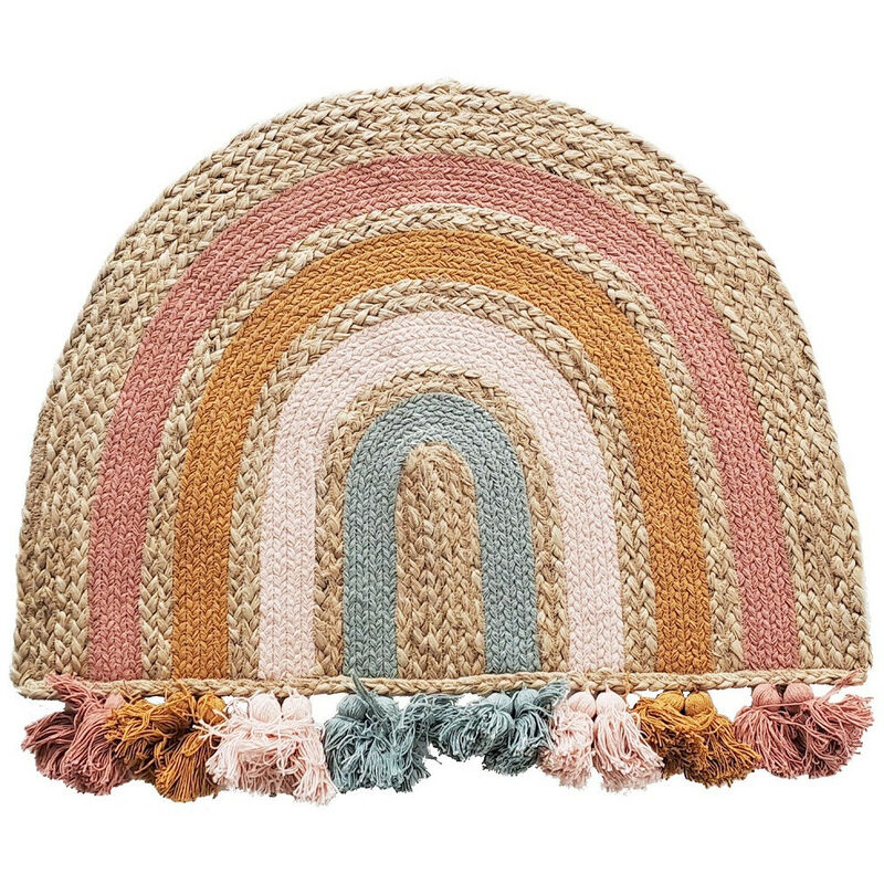 Future Home - Tapis enfant arc-en-ciel à pompons en jute 72x52cm