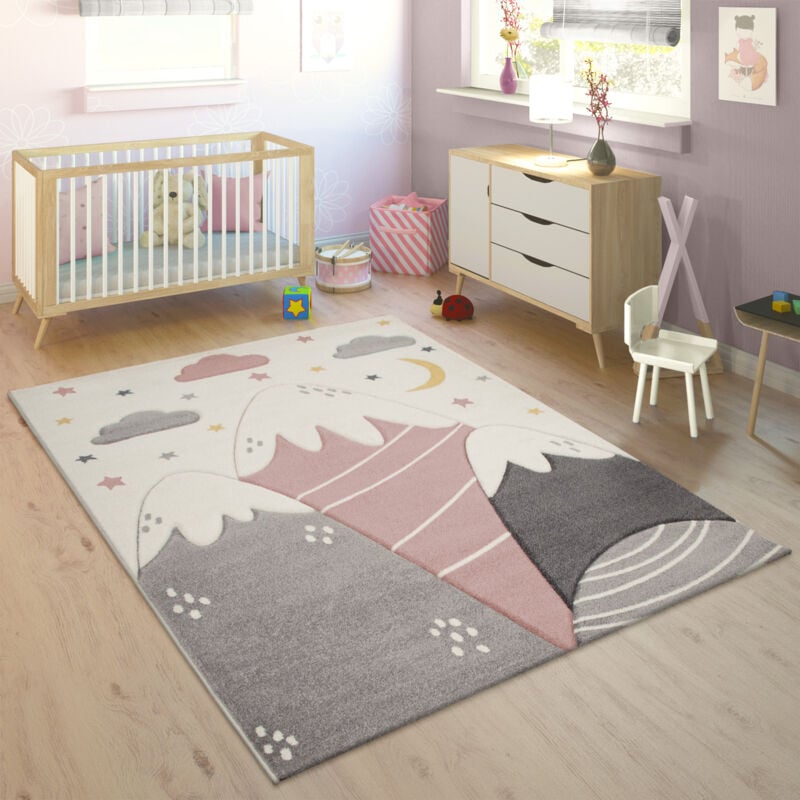 Tapis Enfant Tapis Chambre Enfant Fille Garcon Motif Montagne Etoile Nuage Rose 240x340 cm - Paco Home