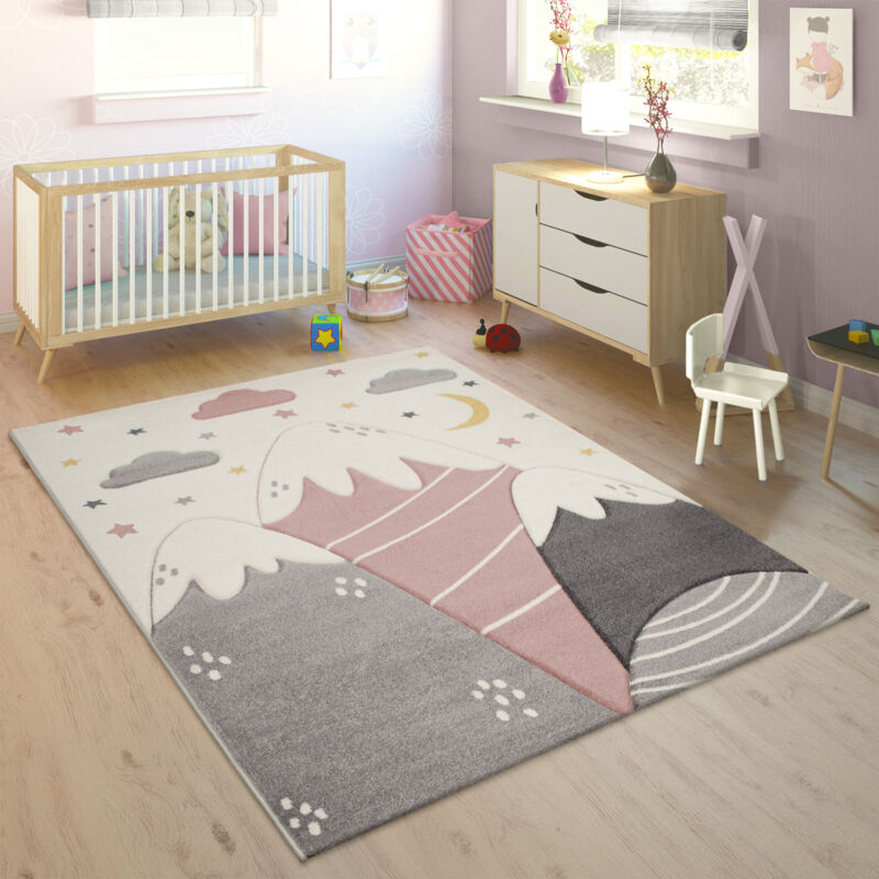 Tapis Enfant Tapis Chambre Enfant Fille Garcon Motif Montagne Etoile Nuage Rose 120x170 cm - Paco Home