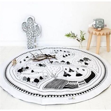 Tapis enfant chambre rond écologiste Carpet de jeux Blanc et Noir diamètre 97cm