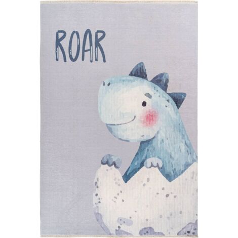 Tapis enfant dinosaure roar doux antidérapant lavable - gris clair pastel avec dinosaure bleu