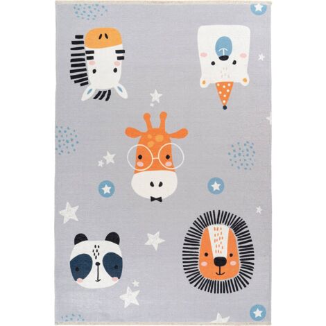 Tapis enfant doux antidérapant animaux multicolore - gris clair à motifs animaux multicolores