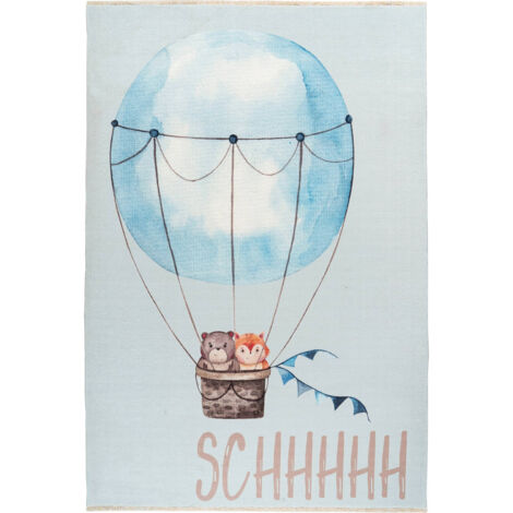 Tapis enfant doux antidérapant motif montgolfière - Bleu ciel pastel et écru doux