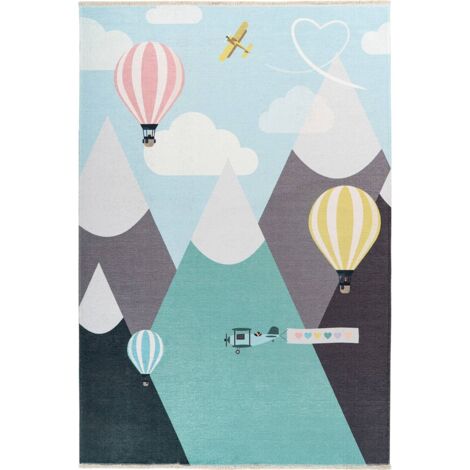 Tapis enfant doux motif montgolfières multicolore - Bleu ciel pastel multicolore