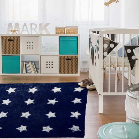 Tapis enfant fait main en coton Ø140cm bleu foncé rond ETOILE