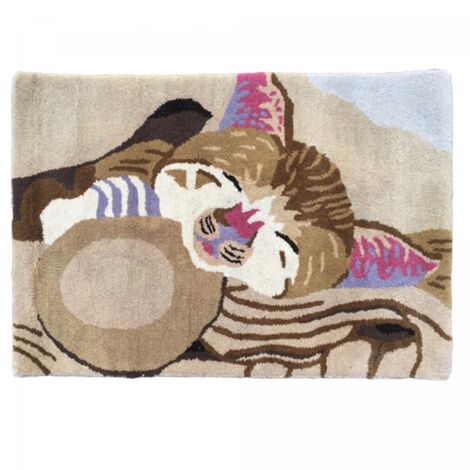 Tapis enfant fait main en laine 60x90 beige rectangle CHAT