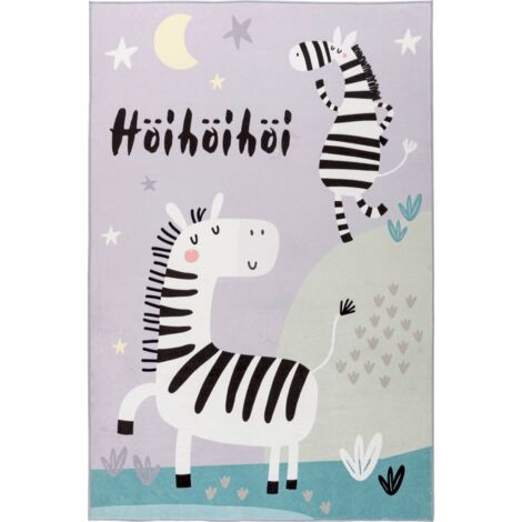 Tapis enfant gris zèbre doux lavable antiallergique - 160 x 115 cm