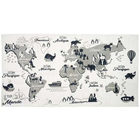 Tapis Enfant "Mappemonde" 70x140cm Blanc & Gris