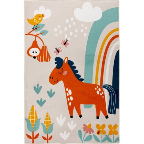Tapis enfant multicolore motif cheval lavable doux - 160 x 115 cm