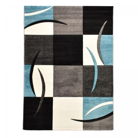 Tapis enfant rectangle 60x110 cm bleu tissé motif damier – Anti-acarien – Insensible aux UV – Pour chauffage par le sol – Unamourdetapis
