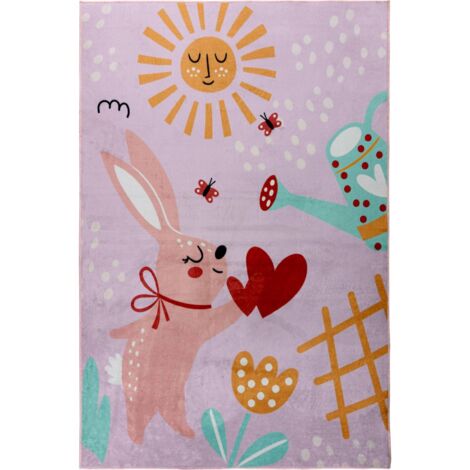 Tapis enfant rose doux lavable motif lapin soleil - 160 x 115 cm