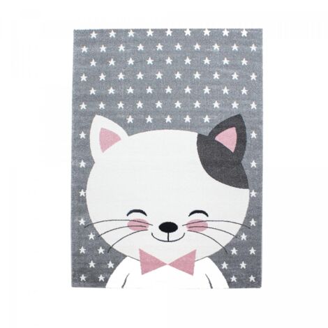 Tapis enfant tissé 120x170 rose et gris rectangle KID CHAT