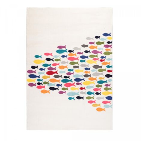 Tapis enfant tissé 160x230 crème rectangle motif animaux FISHES