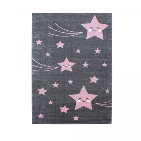 Tapis enfant tissé 160x230 rose et gris rectangle KID STARS