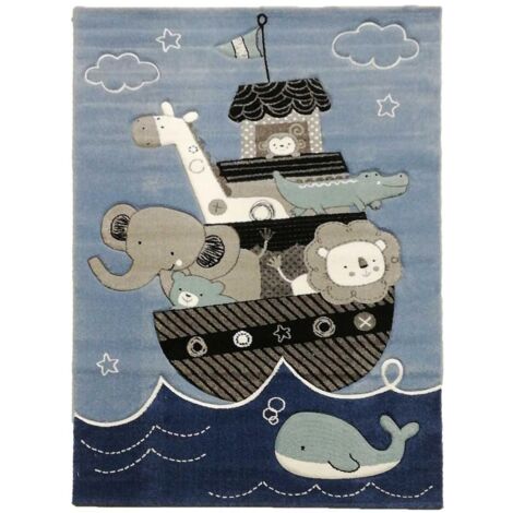 Tapis enfant tissé 60x110 cm – Rectangulaire bleu avec motif animaux – Polypropylène anti-acarien – Adapté chauffage par le sol – Unamourdetapis