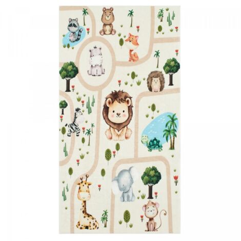 Tapis enfant tissé 80x150 crème rectangle motif animaux CELESTA
