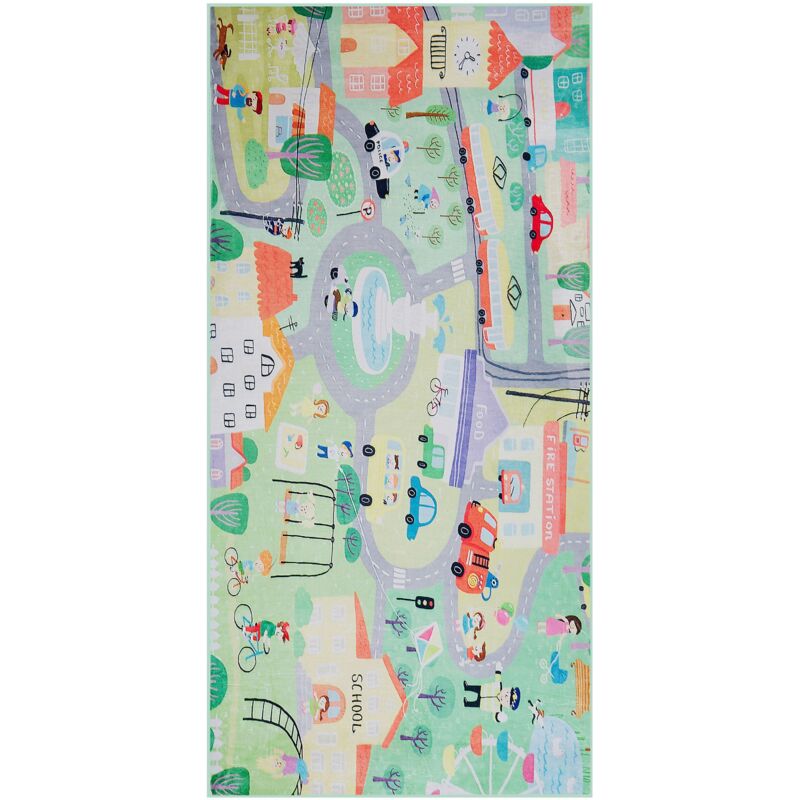 Tapis Enfant Vert avec Circuit Ville 80 x 150 cm Doux au Toucher et Antidérapant Parfait Comme Accessoire de Jeu et de Décoration Beliani