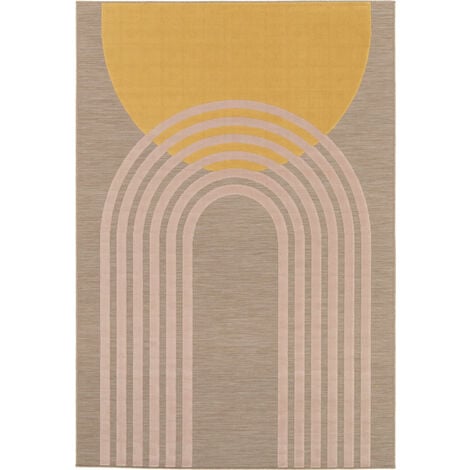 Tapis rond soleil à reliefs - D.200 cm - Moutarde et blanc - LUMINIO