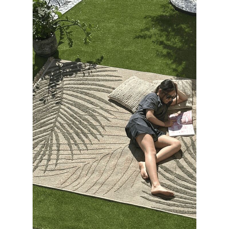 Toutapis - Tapis extérieur intérieur effet jute feuille beige cassis 97 à franges facile d'entretien 160x230