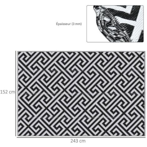Tapis extérieur noir blanc 152x243cm, réversible bord anti-effilochage