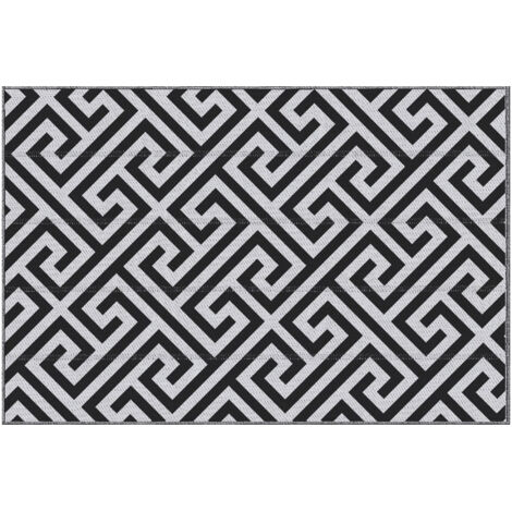 Tapis extérieur plastique 121x182 cm, résistant à l’eau, noir et blanc, pour terrasse et jardin.