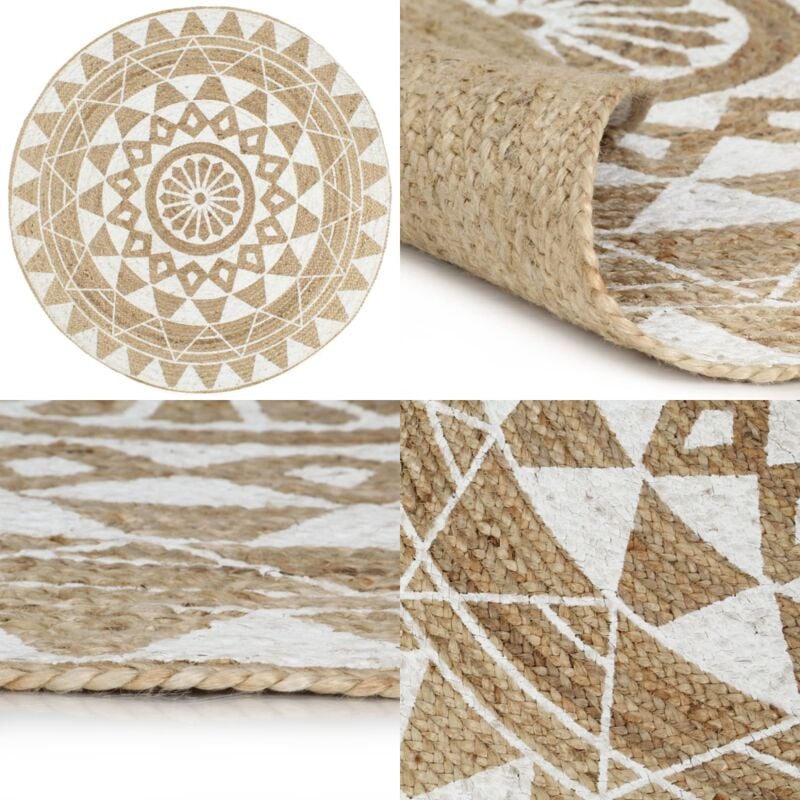 Tapis fait à la main Jute avec imprimé blanc 150 cm - Tapis En Jute - Tapis Artisanal - Tapis Décoratif - Tapis Naturel - Tapis Rond - Home & Living
