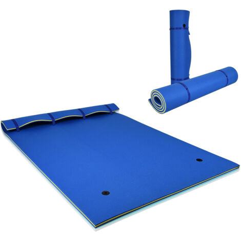 Tapis Flottant d’Eau en Mousse XPE Résistant aux Déchirures Matelas Flottant avec Oreiller Roulant & Cordon Élastique Coussin Flottant Bleu