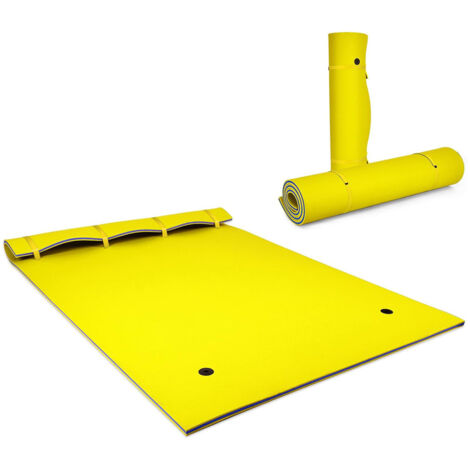 Tapis Flottant d’Eau en Mousse XPE Résistant aux Déchirures Matelas Flottant avec Oreiller Roulant & Cordon Élastique Coussin Flottant Jaune