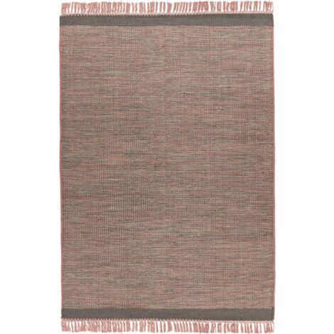 Tapis frangé nomade gris et rose en laine tissée main - Gris chiné avec rose poudré