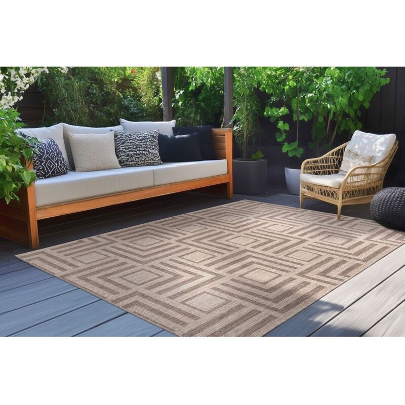 Allotapis - Tapis géométrique plat intérieur et extérieur design Outarde Taupe 120x170