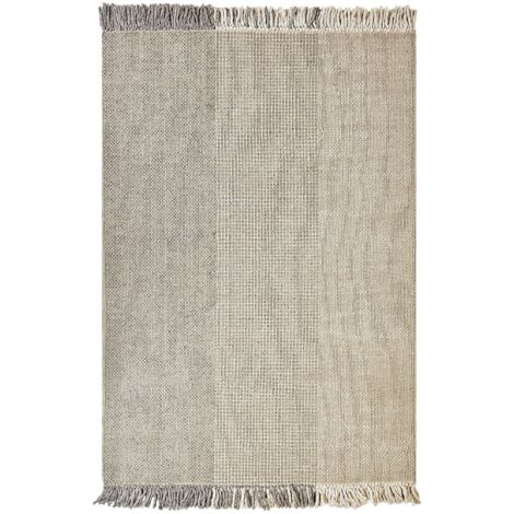 Tapis Gris en Laine 140 x 200 cm Fait Main à Franges Décoratives pour Salon Tekeler