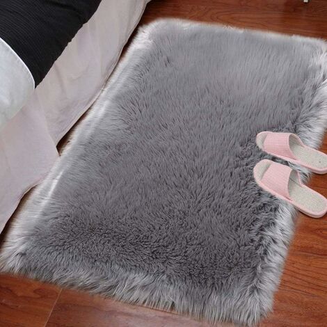 Tapis gris, tapis de chambre en peau de mouton artificielle, tapis de lit en laine, tapis en peluche pour chaise et coussin de canapé, tapis rectangulaire (gris, 60 x 90 cm)