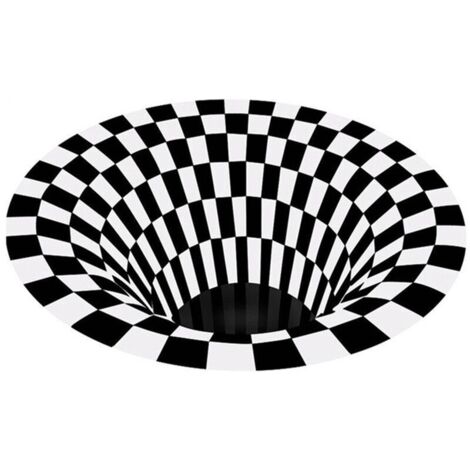 Tapis Illusion à Effet Perforant 3D, rond, à motif quadrillé noir et blanc, pour chambre à coucher, antidérapant - C