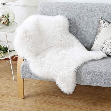 Tapis imitation peau d'agneau en peau de mouton (60 x 90 cm) Tapis imitation peau d'agneau aspect fourrure poil long imitation laine tapis de chevet tapis de canapé 60 x 90 cm blanc