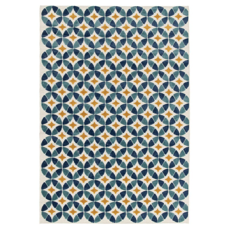 Tapis extérieur et intérieur motif géométrique - Ambroise - Bleu et jaune - 123 x 170 cm