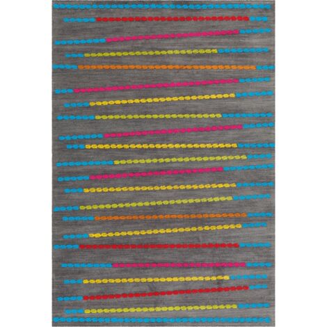 Tapis intérieur moderne multicolore bleu à rayures - gris anthracite à rayures multicolores