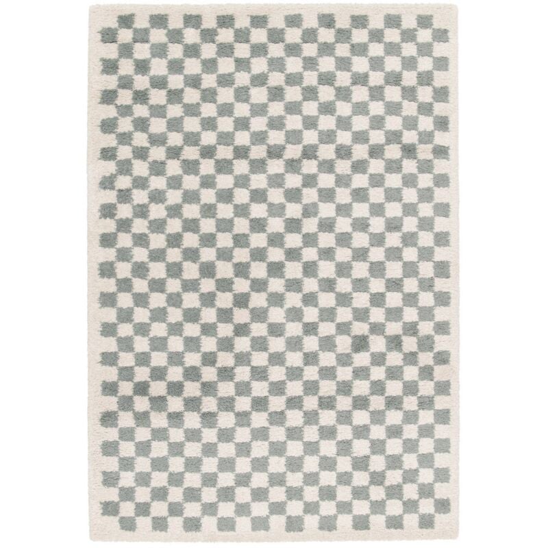 Tapis intérieur shaggy poils longs damier bleu clair et crème 120 x 170 cm