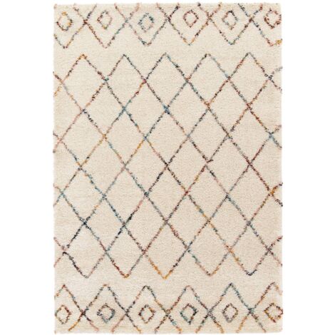 Tapis intérieur shaggy. poils longs. style berbère. crème et multicolore  120 x 170 cm