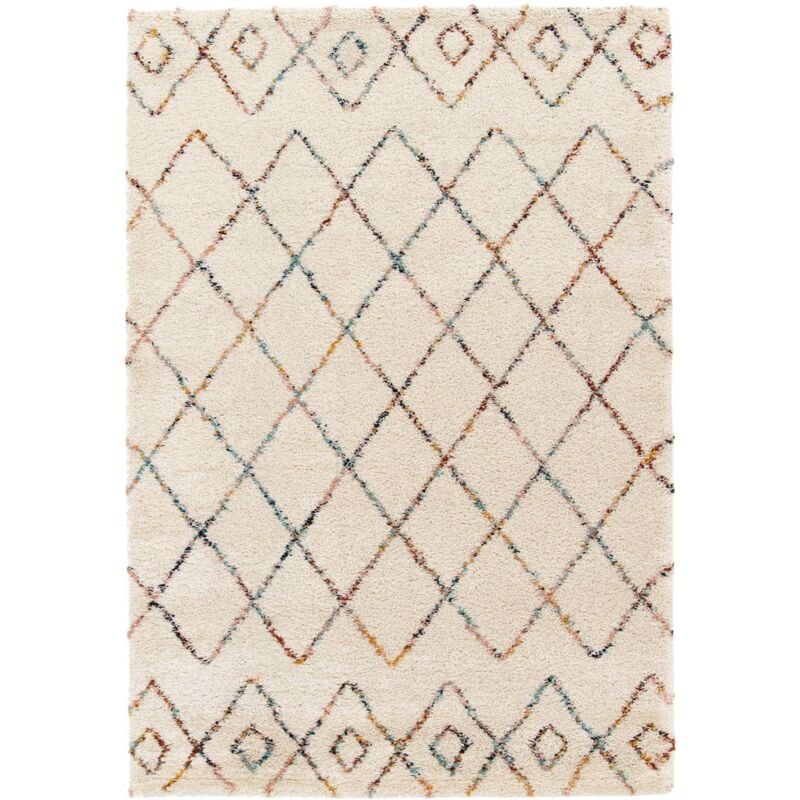 Tapis intérieur shaggy. poils longs. style berbère. crème et multicolore 120 x 170 cm