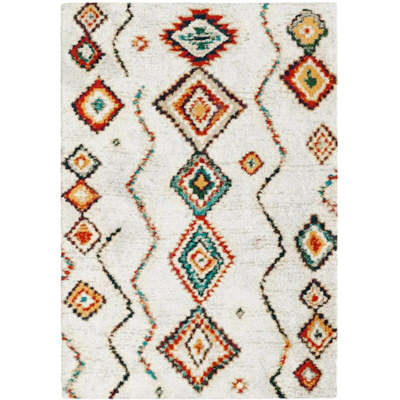 Tapis intérieur shaggy. style berbère. poils longs. crème et multicolore 120 x 170 cm