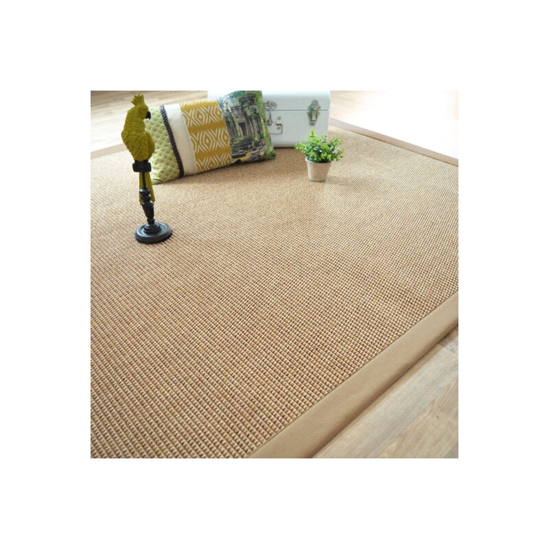 Décoweb - Tapis intérieur / extérieur en tissé plat - Lombok naturel - Ganse caramel - 140 x 200 cm