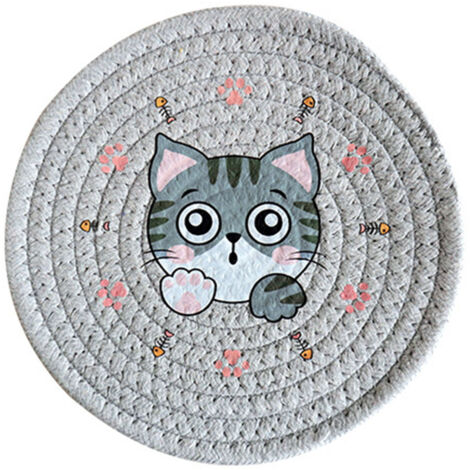 Tapis isolant rond 18cm pour table - Protection chaleur motif chat gris clair