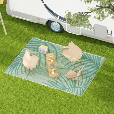 Tapis jardin extérieur réversible 365 x 274 cm, imperméable motif feuillage avec sac transport, vert/crème