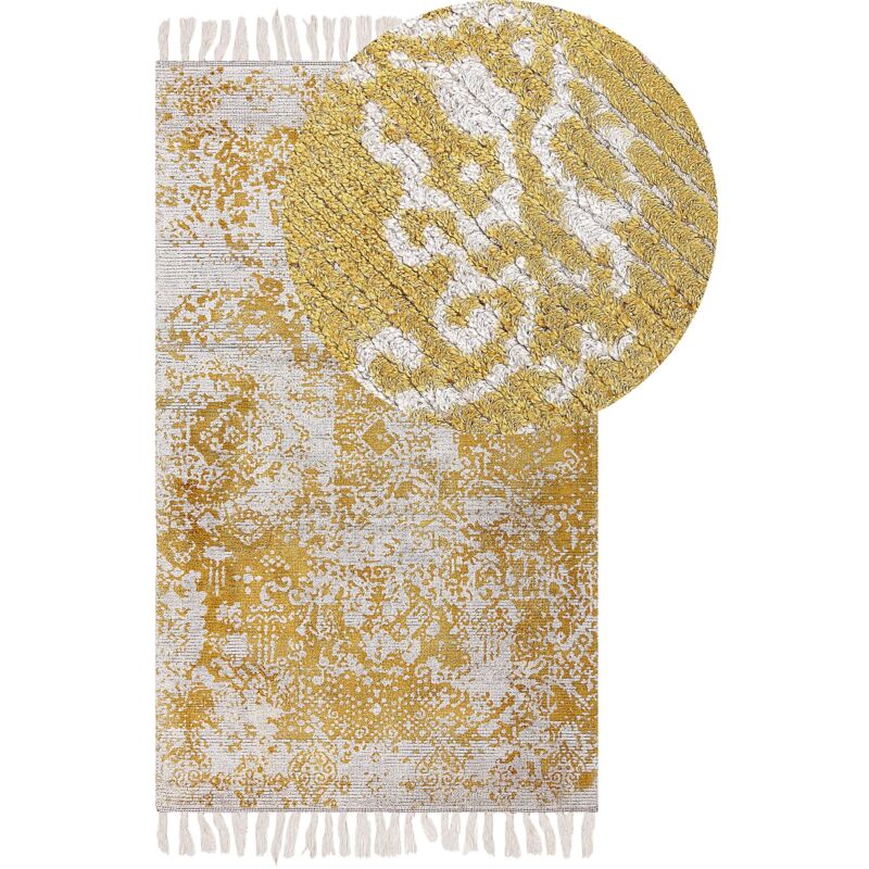 Tapis en Viscose Jaune et Beige Vintage Style Oriental Vieilli 80 x 150 cm Boyali