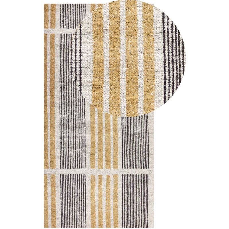Tapis Jaune et Noir en Coton 80 x 150 cm à Rayures Rectangulaire Poil Ras Katra