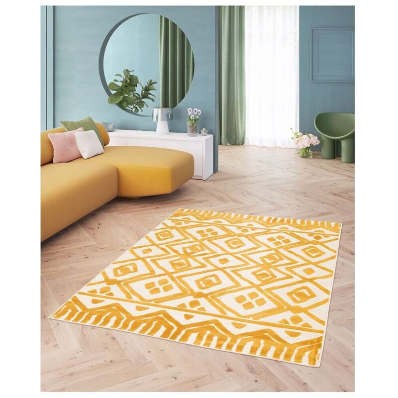 Hellocarpet - Tapis jaune intérieur et extérieur effet 3D ethnique Nelle Jaune 120x170