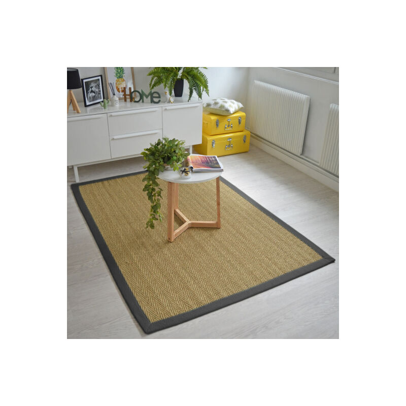 Décoweb - Tapis Jonc de mer - Bihar fin chevron - Ganse coton anthracite - 80 x 150 cm